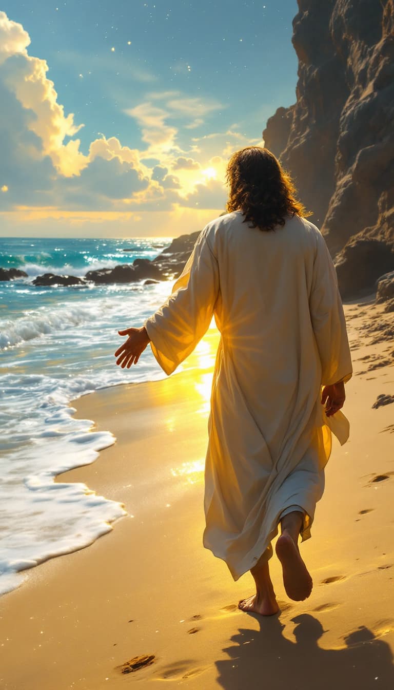 AI generated: Jesus walking on the beach from the back, not walking on the sand, next to the beach next to the wat...