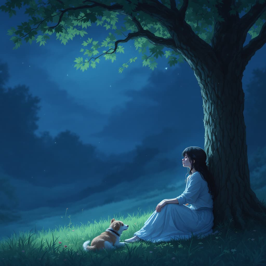 AI generated: woman sitting crying under the big tree There is a dog next to me as a friend. anime