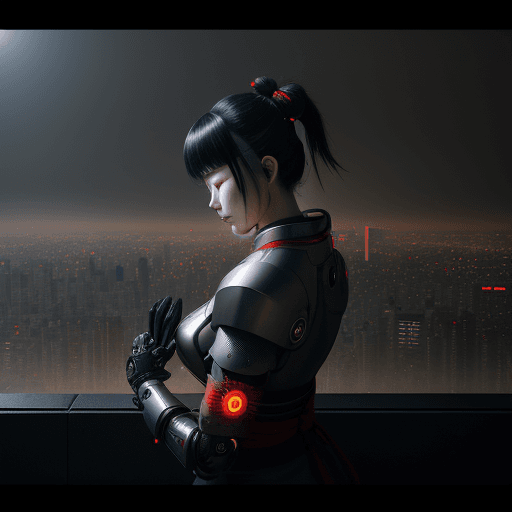 AI generated: Cinematic, photo of a cyborg samurai woman, meditating in a future Tokyo cityscape, 2080s Tokyo, fog...