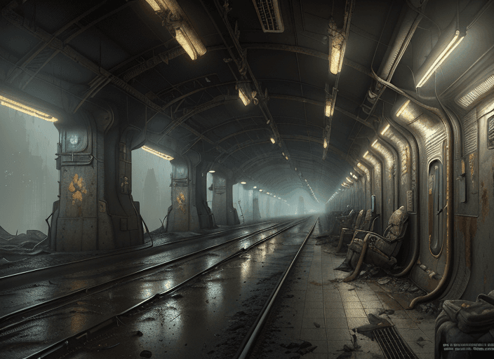 AI generated: painting of a post scenery at metro lowest level, underground, dark, rails, ultra realistic, concept...