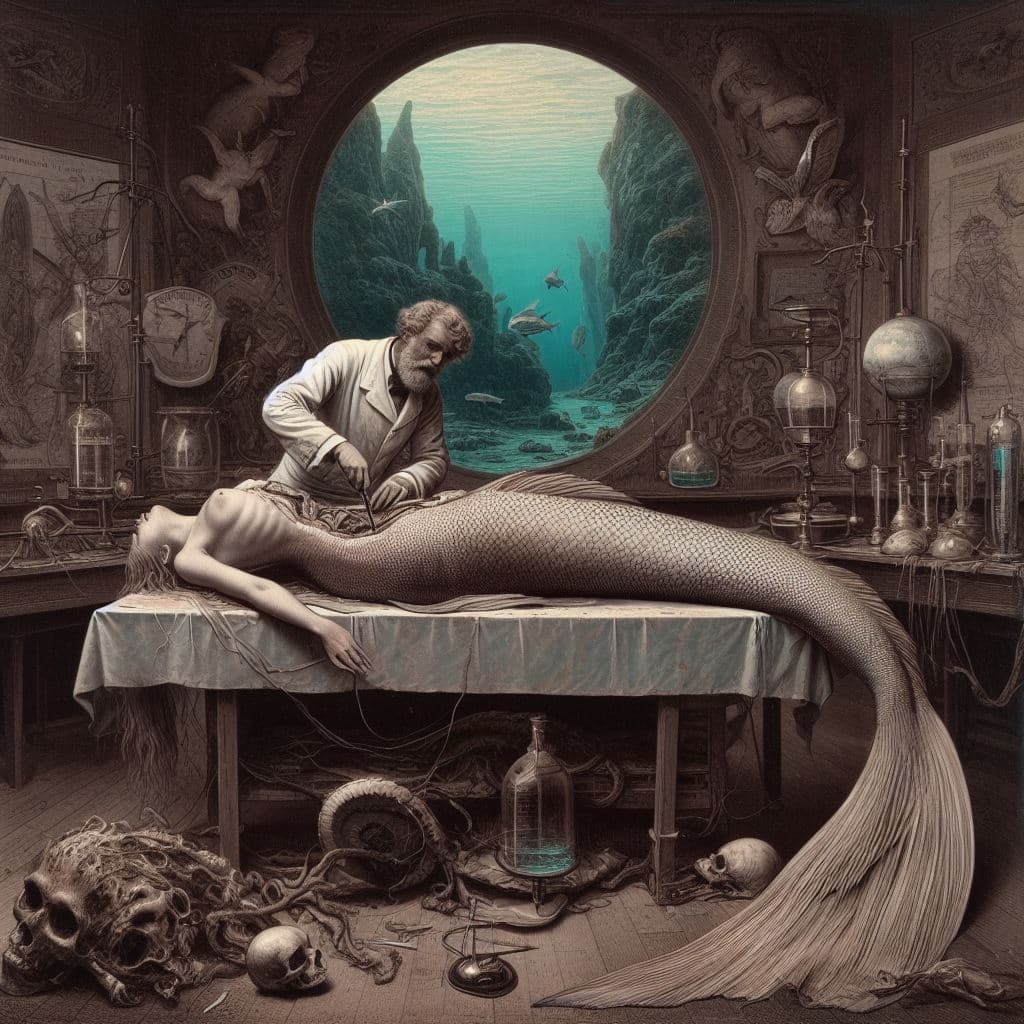 AI generated: in the style of Gustave Doré, far away view, square picture of a dead mermaid being dissected by a s...