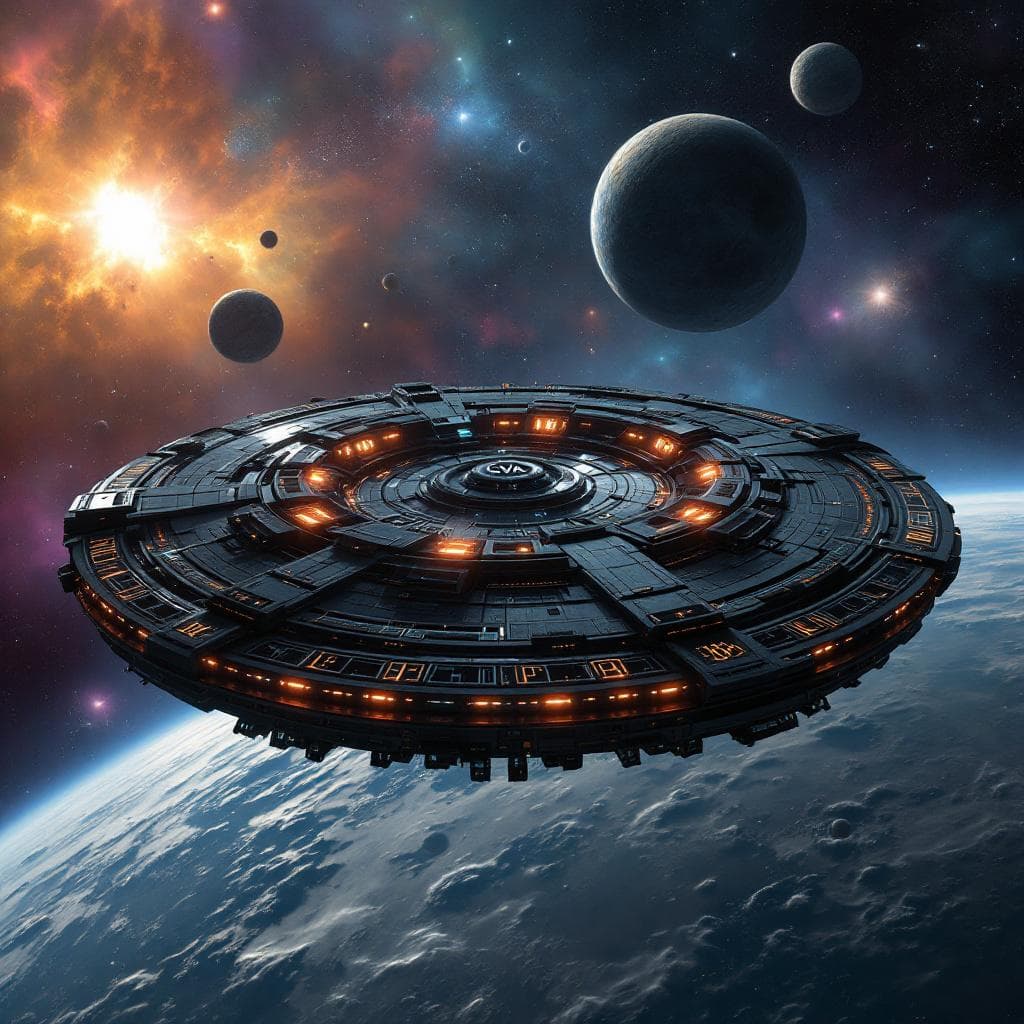 AI generated: Imagine, in detail, an alien multi-tiered space station to show a new design. An alien orbital super...