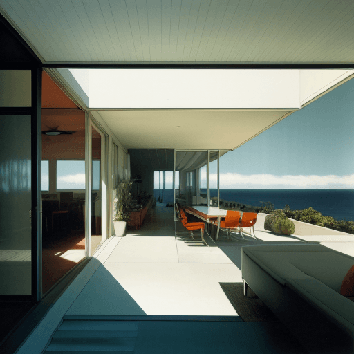 AI generated: Hyper realistic eye level exterior photo of a mid century modern style house overlooking the ocean, ...