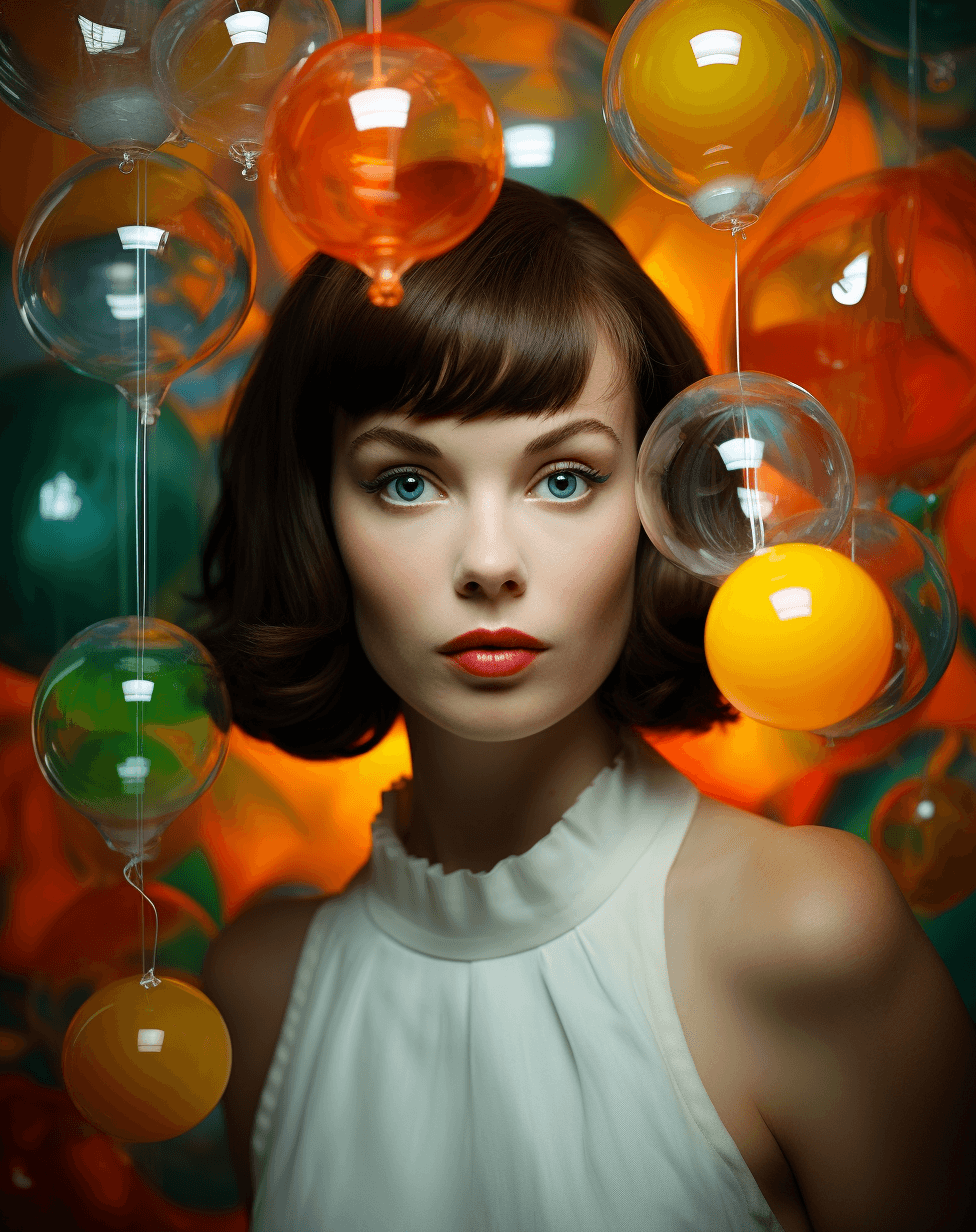 AI generated: the girl in white is looking up to the glass ornaments, in the style of 1960s, bold and colorful por...