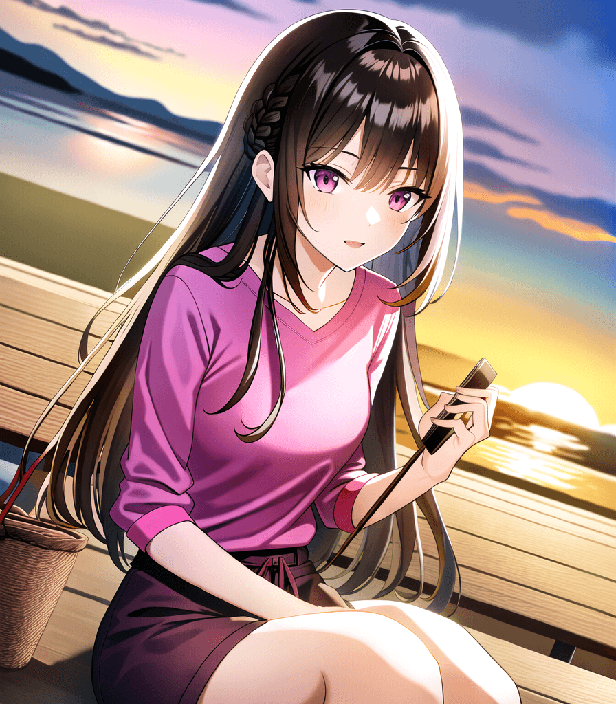 AI generated: (perfect anime illustration), 1girl, long braided brown hair, picnic table, outdoors, food basket, g...