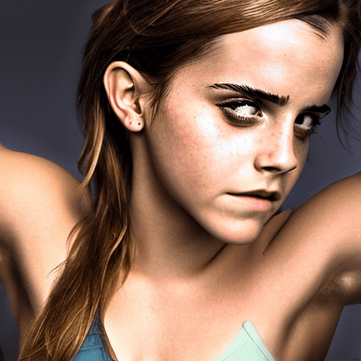 AI generated: Emma Watson as muscular bodybuilder kissing her biceps, bodybuilding woman, wheyfu, highly detailed,...