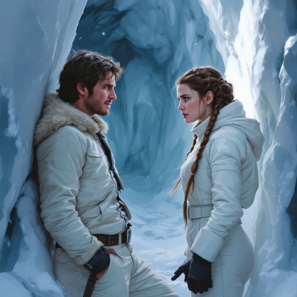 AI generated: "Create a digital painting of a dramatic and intimate scene set in the icy South Passage of Echo Bas...