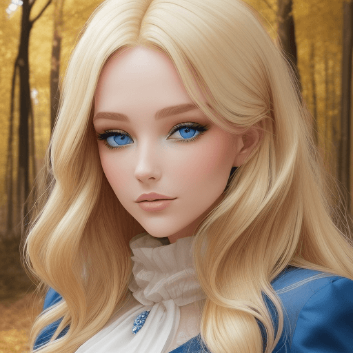 AI generated:  je veux une jolie femme au yeux bleu chevelure blonde de face en arrière plan la foret en automne  ...