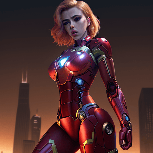 AI generated: scarlett johansson, ((wearing an iron man bikini)), metallic red and gold, (((in a sexy pose))), set...