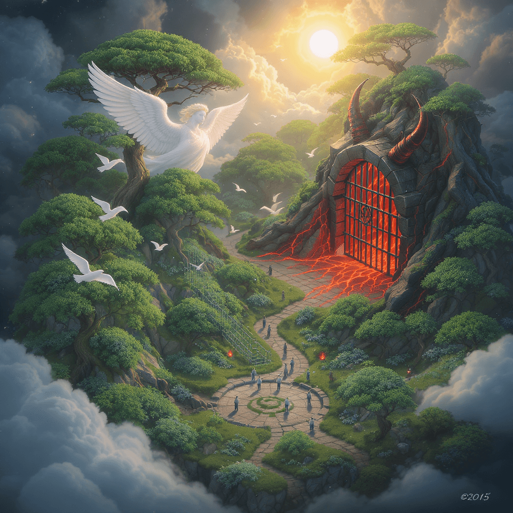 AI generated: Isometric view,heaven,ultrarealistic mini people,angels,ultradetailed green heaven forest theme,devi...
