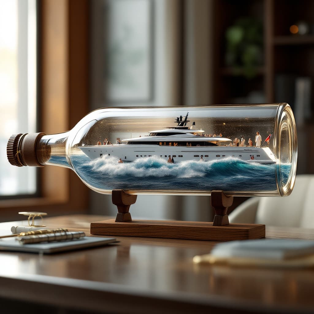 AI generated: A realistic ship in a bottle, featuring a luxury super yacht scene. The yacht is busy with people, w...