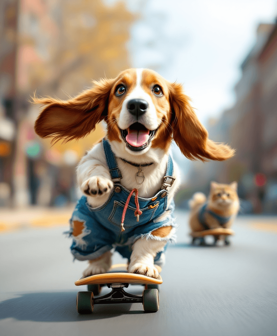 AI generated: A Cute ((Basset hound with Floppy Ears blowing in the breeze)) as he is Riding a Skateboard down the...