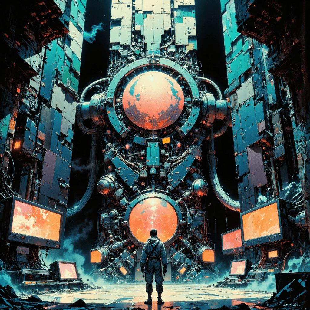 AI generated: A stunning and intricate illustration of a lone figure standing before a massive, futuristic central...