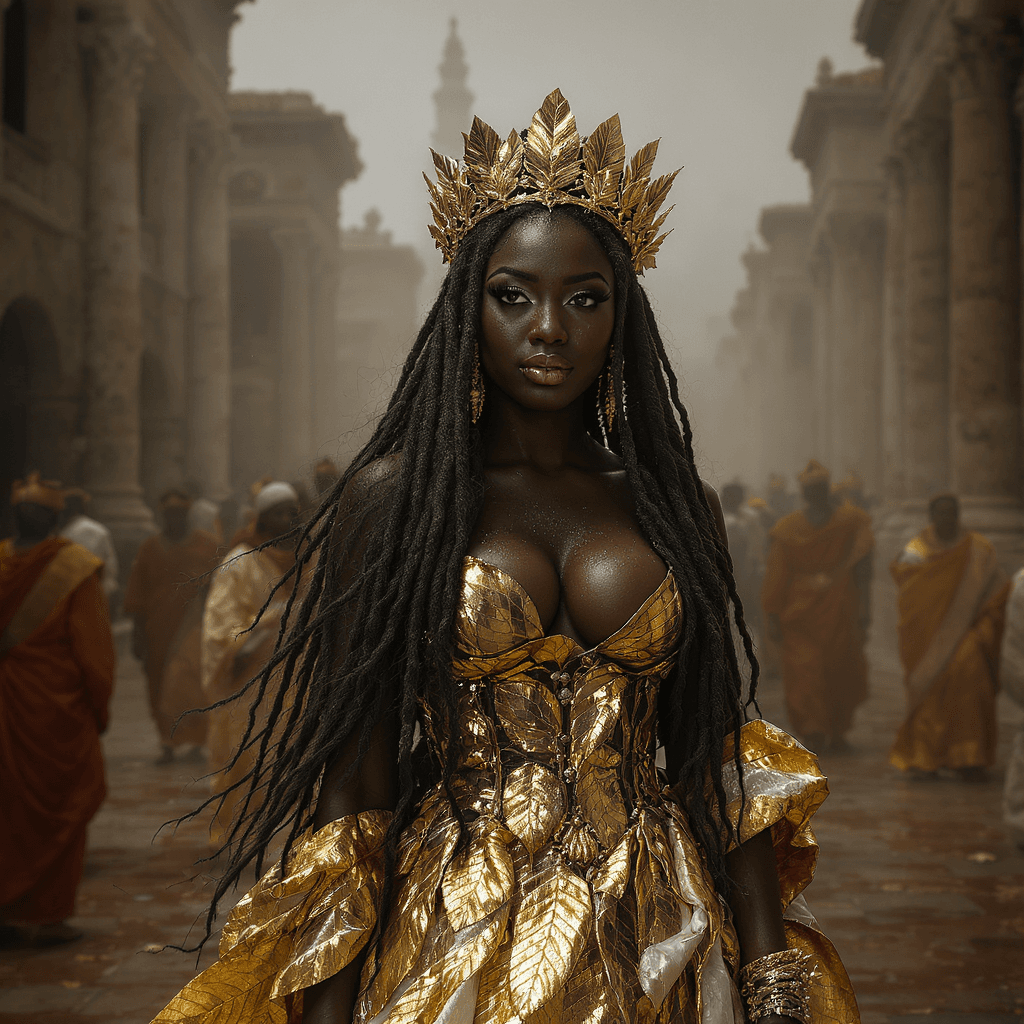 AI generated: Bustling Ancient Roman city. An african bride with long flowing dreadlock hair. She is wearing a gol...