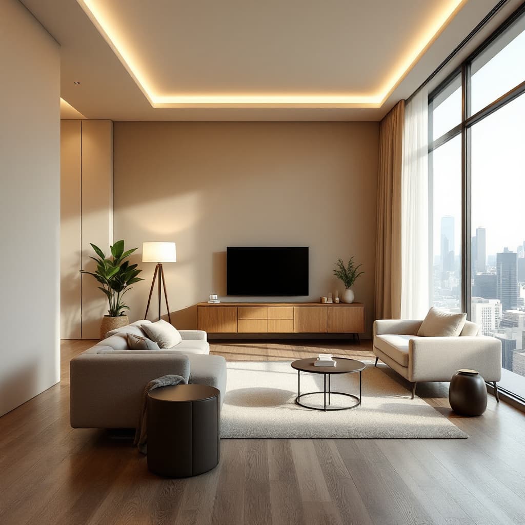 AI generated: photography, minimalism, front shot with eye level, full-frame DSLR, apartment living room, the colo...