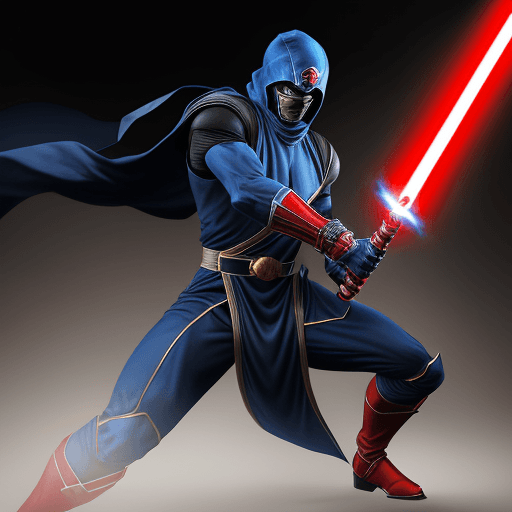 AI generated: a tall black and blue ninja that looks like sub-zero with a sword and red belt, who is up against a ...