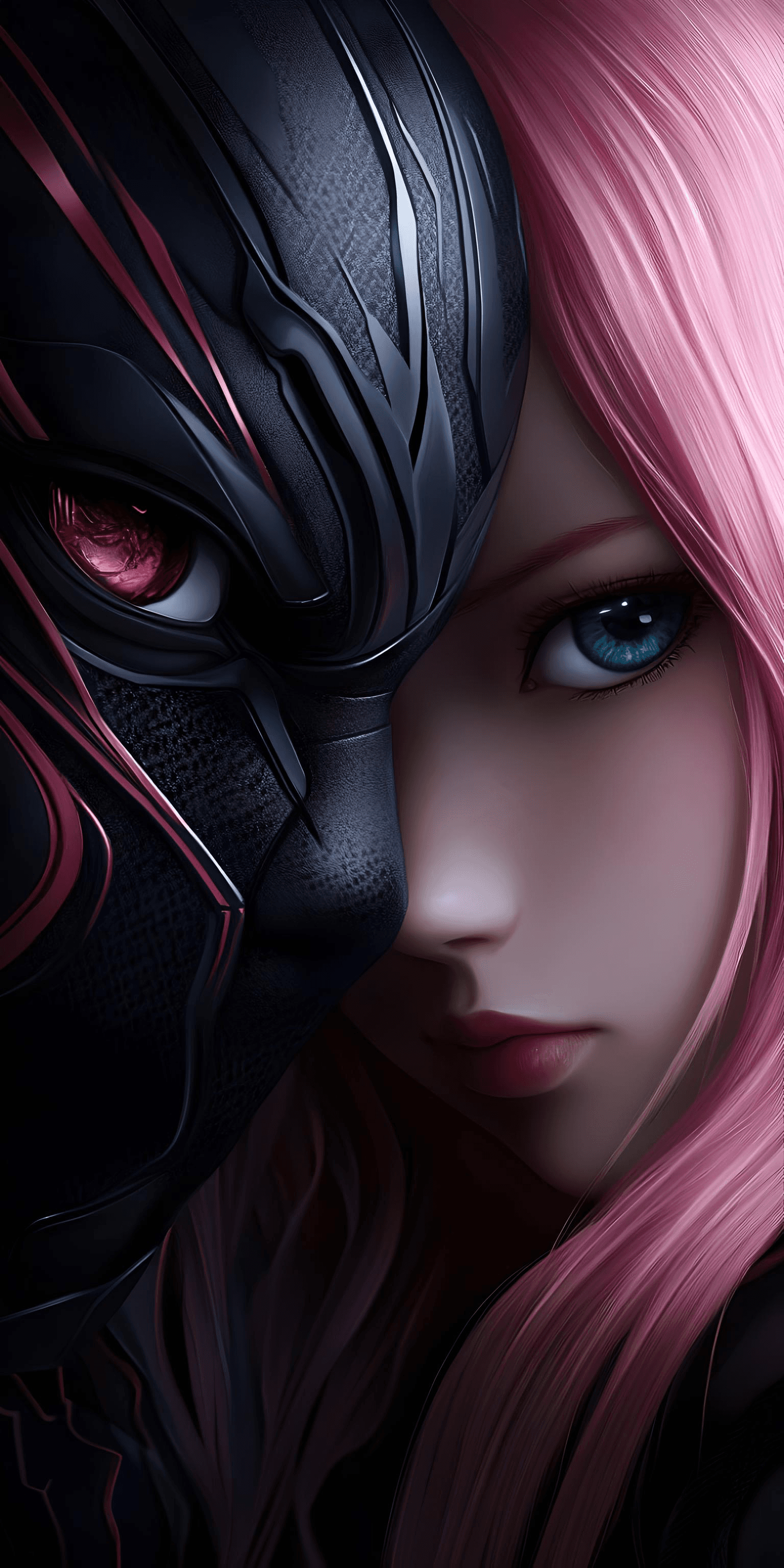 AI generated: A beautiful girl with pink hair and a black mask, in the style of a League of Legends anime characte...