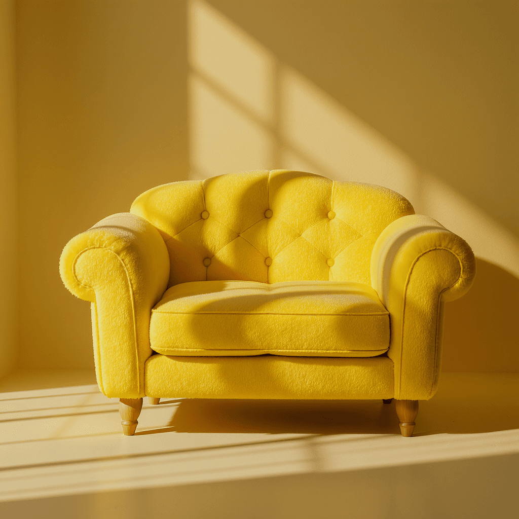 AI generated: productive photography, front view, small fluffy couch, inspired by cloud, yellow material details, ...