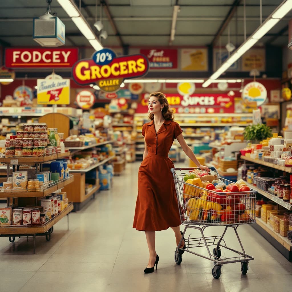AI generated: A nostalgic scene set in a 1950s grocery store, featuring a woman elegantly walking down the colorfu...