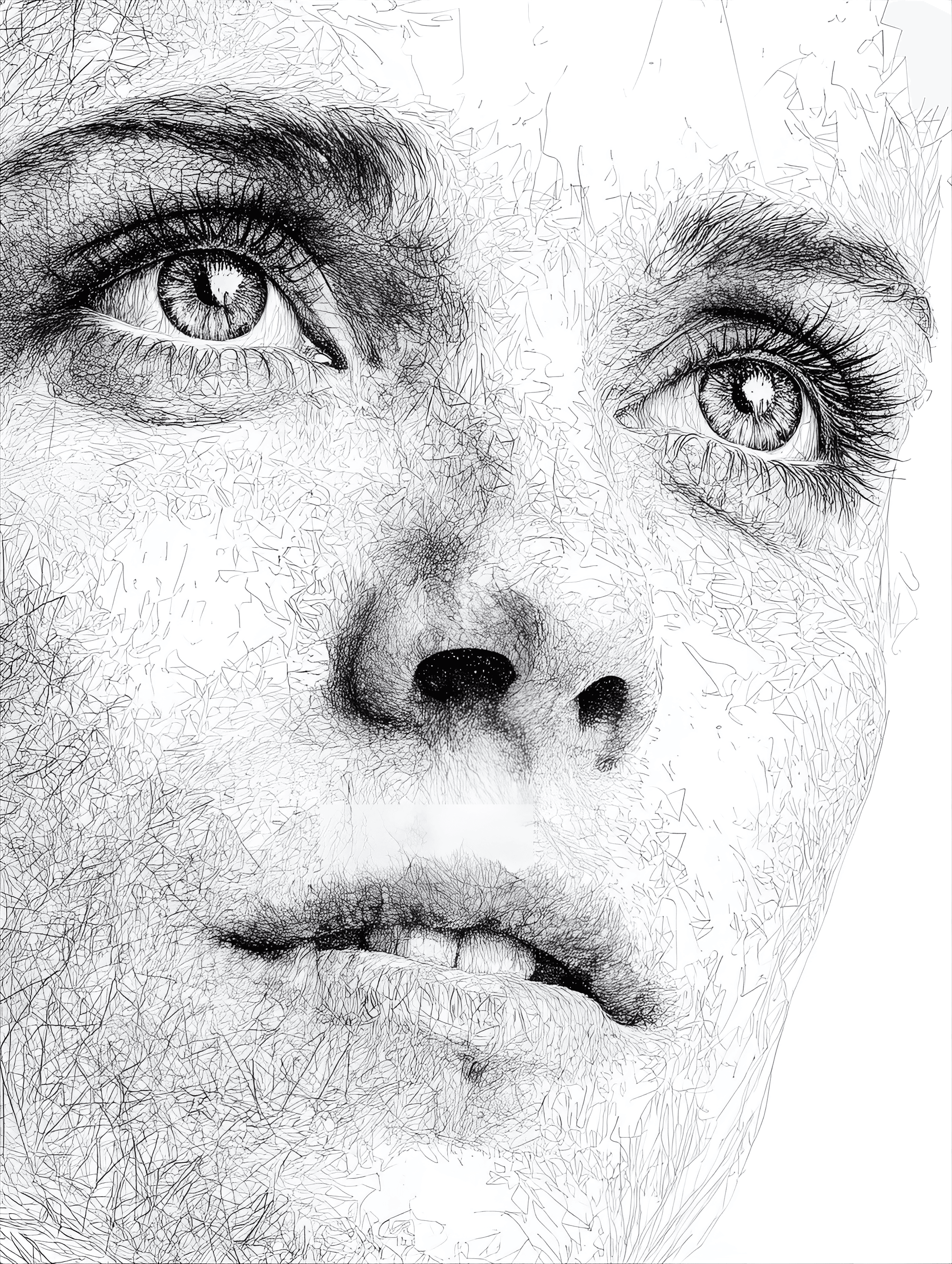 AI generated: white bg, png, one line art, minimalist sketch, face, eyes, nose, mouth, pencil medium, , female