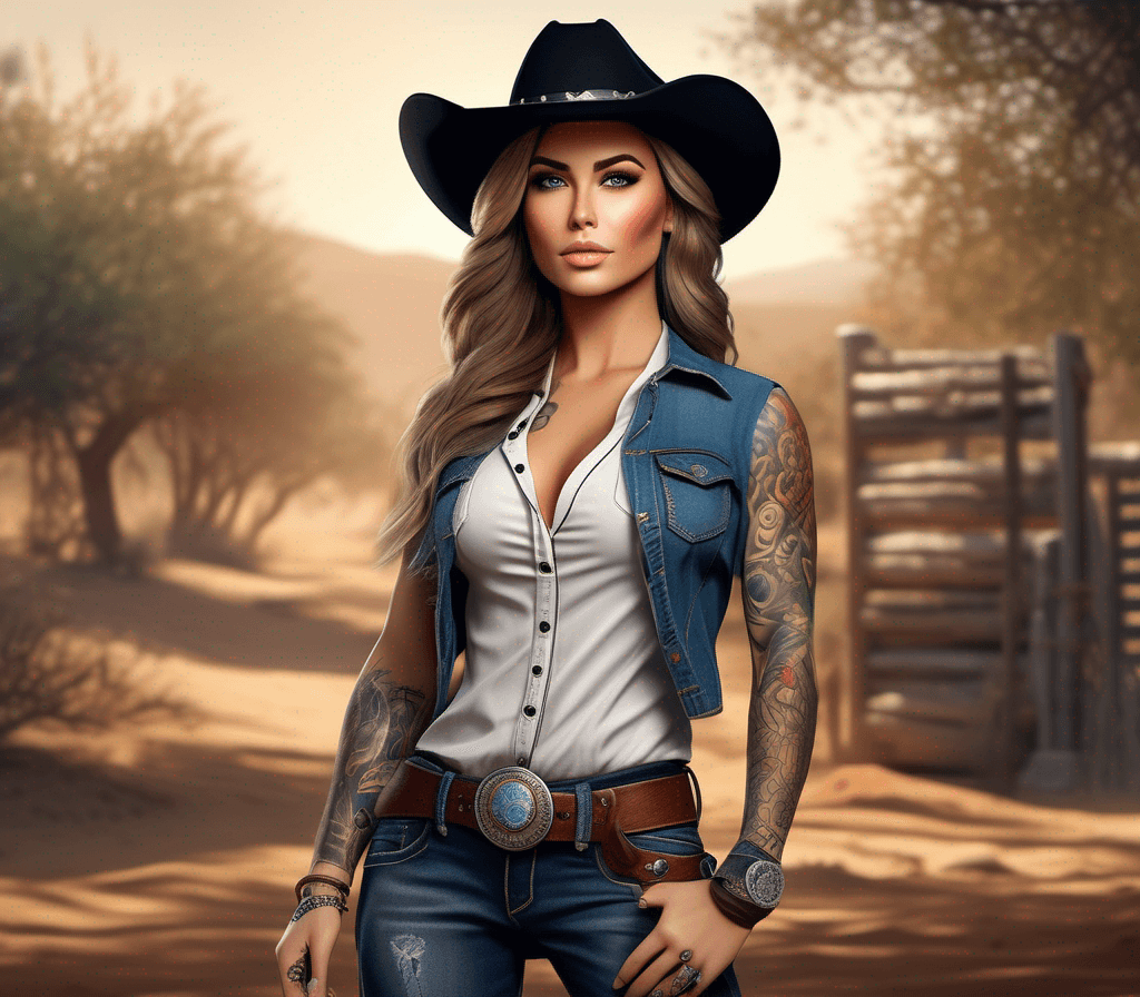 AI generated: A full portrait of a young sexy physically attractive and alluring cowgirl model, tattoos,  in focus...