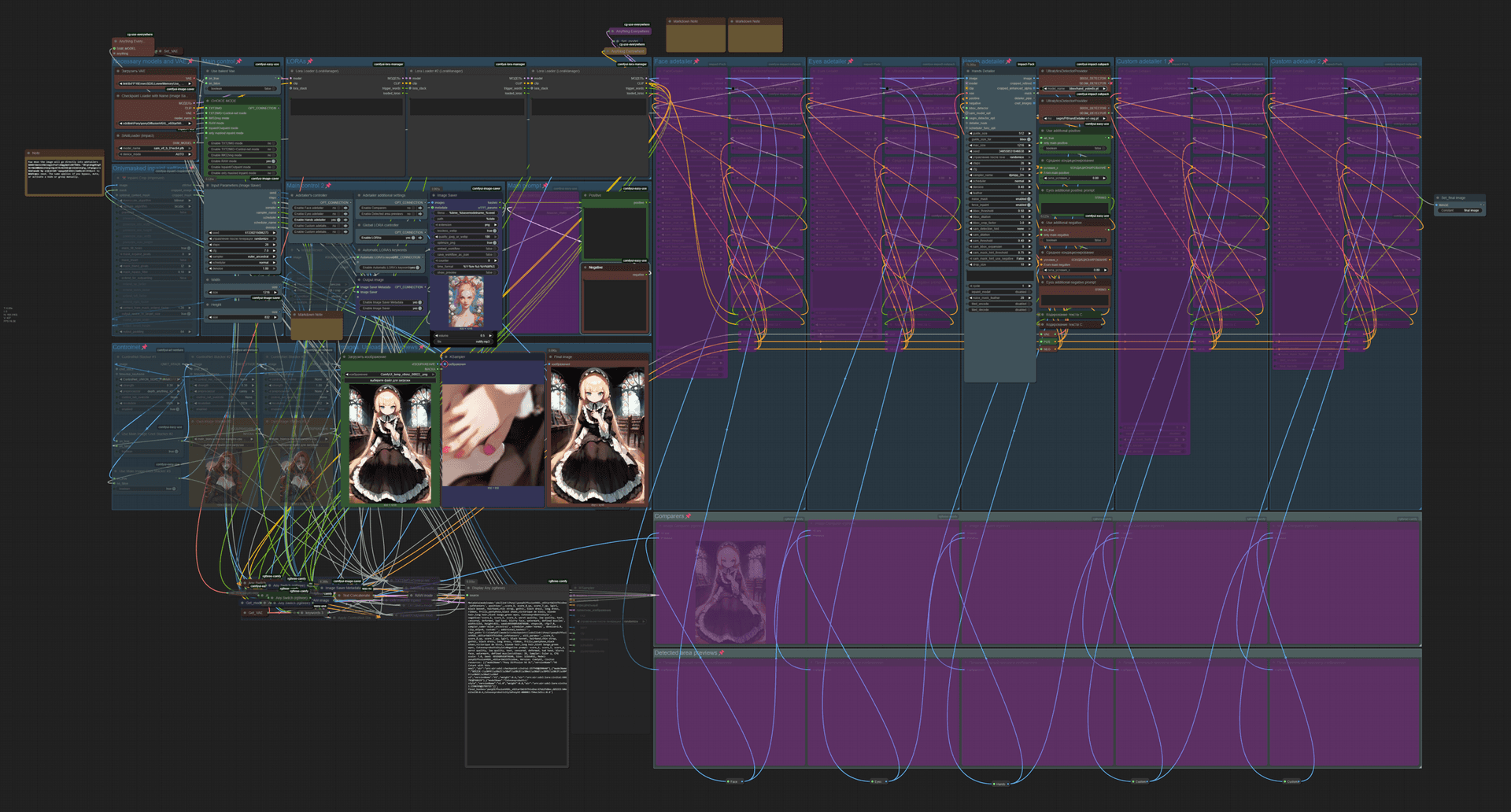 TXT2IMG/IMG2IMG workflow for SDXL/PONY/Illustrious +inpain/outpaint/onlymasked inpaint+  Adetailer+ Control-net + Civitai's image meta saving