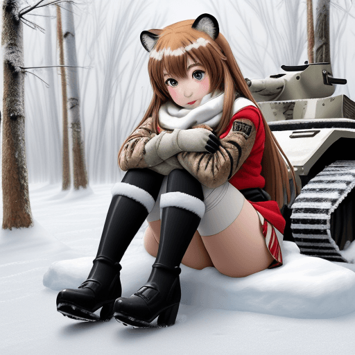 AI generated: taiga aisaka, anime, sit on snowy camouflage riding tank and hug herself, winter red school uniform,...