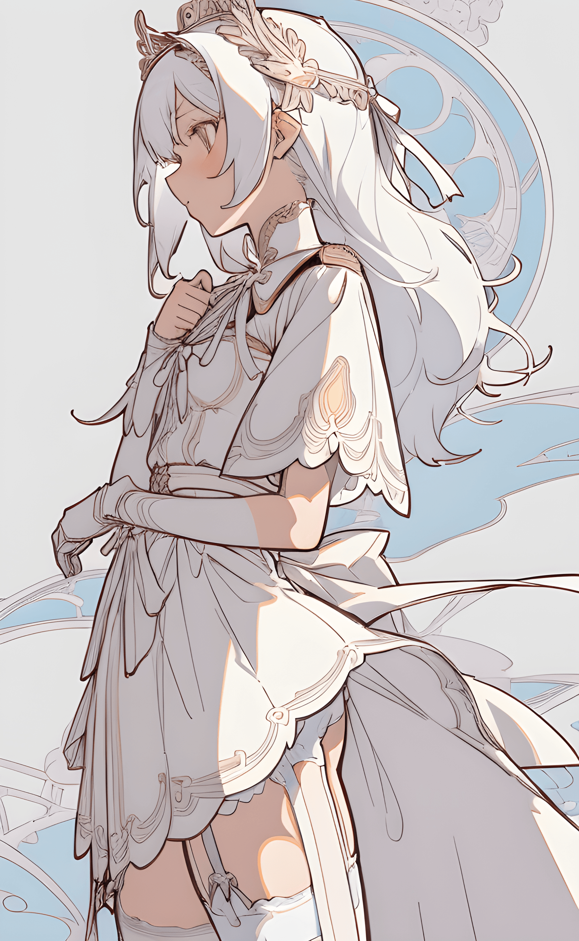 AI generated: a drawing of a woman with white hair, lineart, by Shitao, pixiv, rococo, garter belt, detail shot, f...