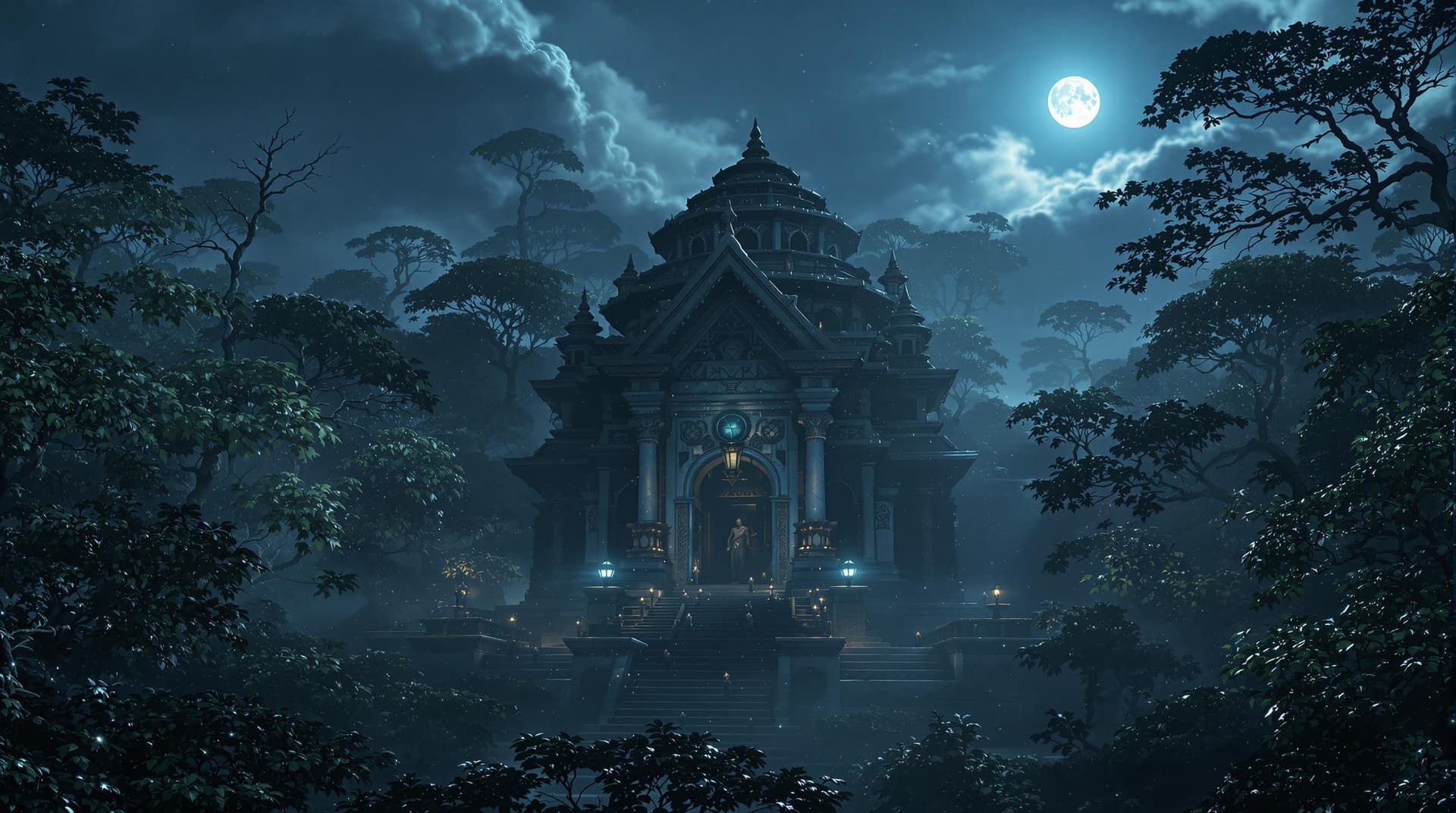 AI generated: Beautiful temple surrounded by dense trees, mysterious ambiance, moonlight shining, 8K resolution