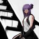 AI generated: Reze character from Chainsaw Man, purple wig hair with bun on back, white sleeveless blouse, black h...