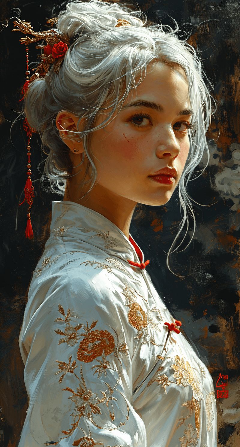 AI generated: chinese girl with white hair in a white dress, in the style of light orange and light gold, ethereal...