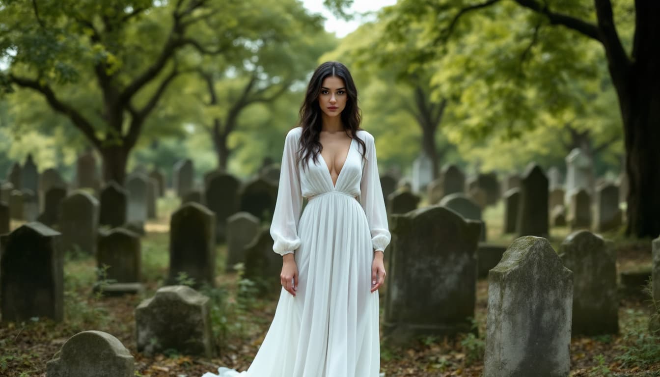 AI generated: The image depicts a woman in a white dress standing in a graveyard, surrounded by tombstones and tre...