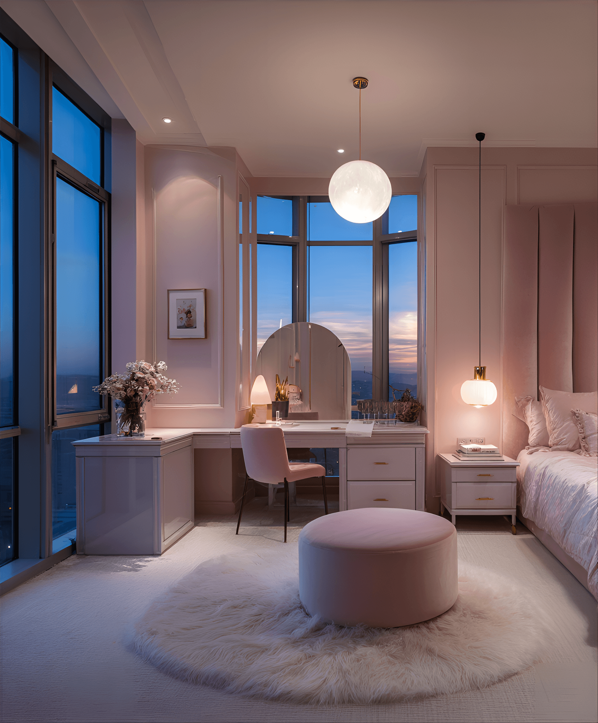 AI generated: photography, a bedroom layout highlighting a fabric headboard, sleek nightstands, and a compact work...