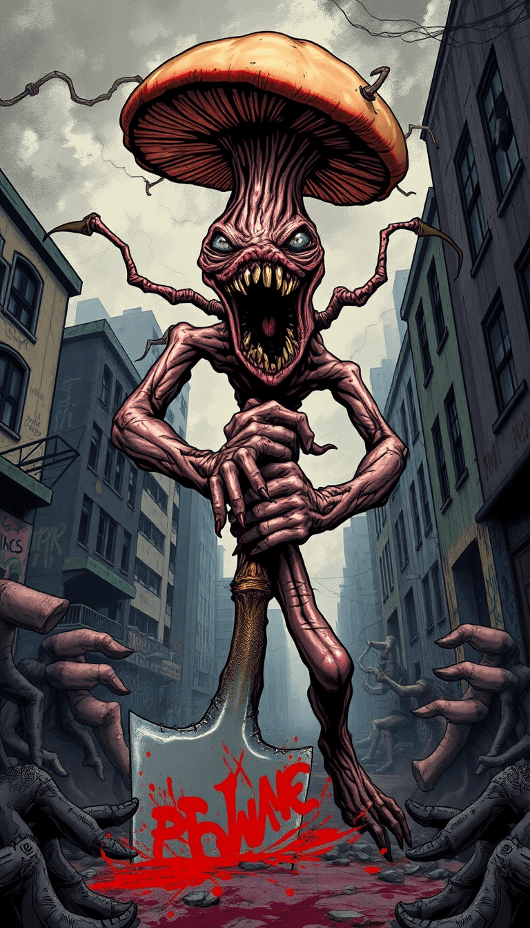 AI generated: A chaotic, vector horror art scene of a diverse gang warfare background unfolds, with buildings in v...