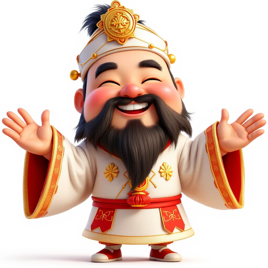 AI generated: A cute God of Wealth is greeting me, Pixar style, wearing cassock, bright smile, white background --...
