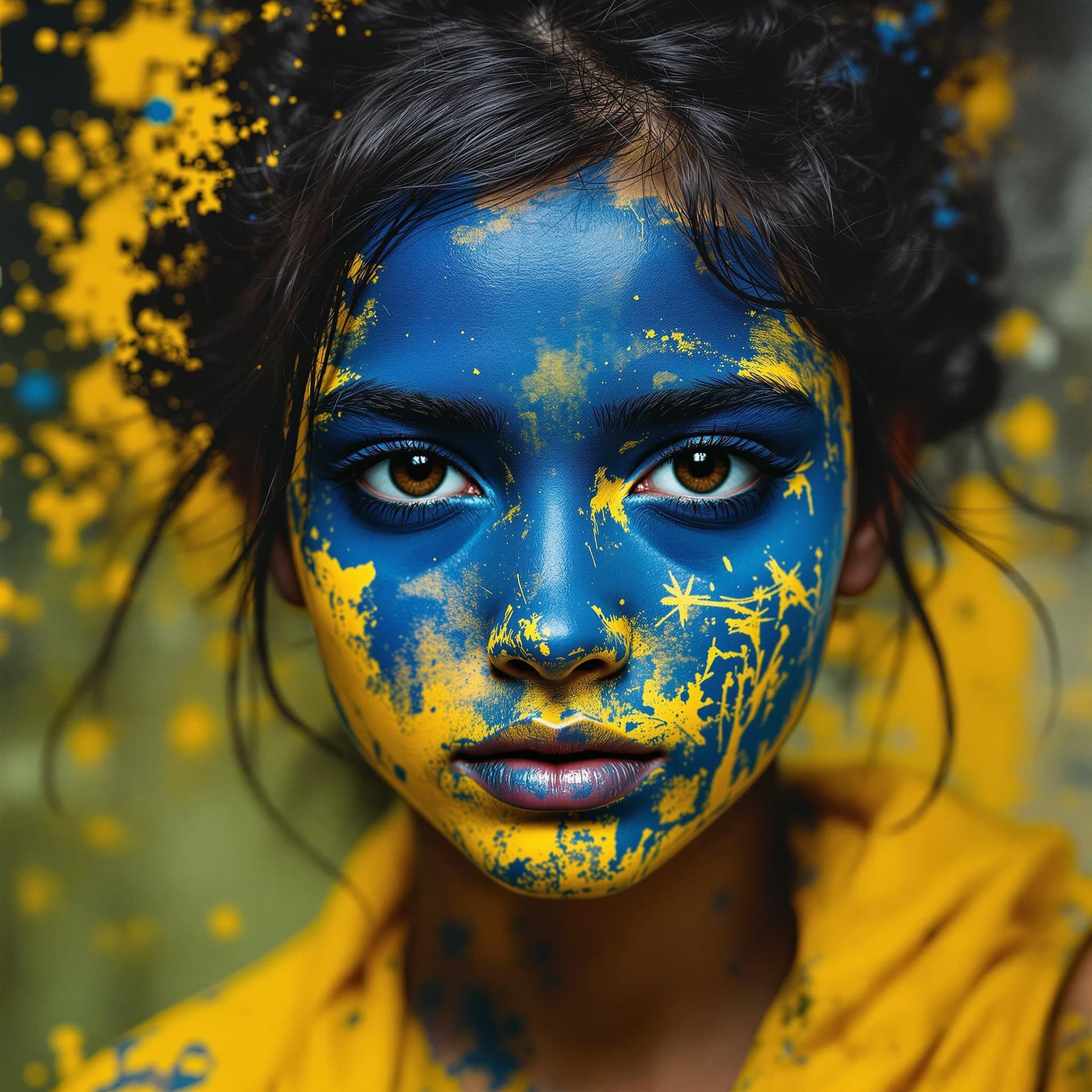AI generated: a girl with paint on her face, in the style of dark yellow and dark azure, master of ink, acrobatic ...