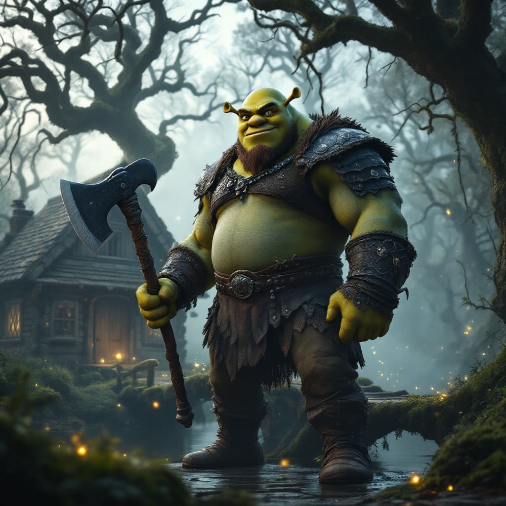 AI generated: A hyper-realistic cinematic scene inspired by *Shrek*, set in a misty, enchanted swamp at dawn; a to...