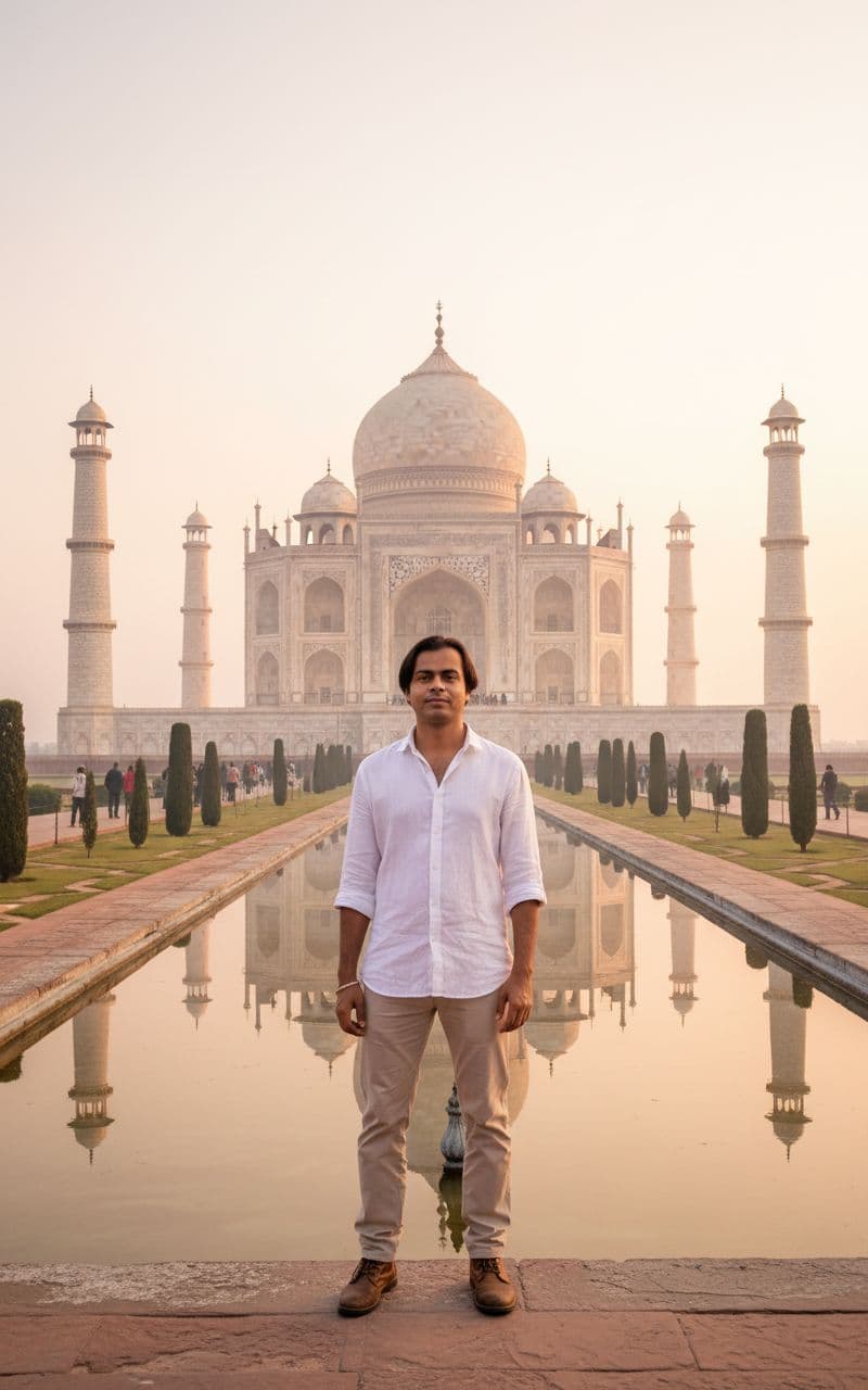 AI generated:  wide-angle shot of the Taj Mahal at sunrise, a man front of taj mahal, some people behind his  wear...