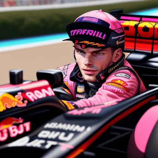 AI generated: F1 driver Max Verstappen wearing pink clothes, like in a Barbie World. In the background there is th...