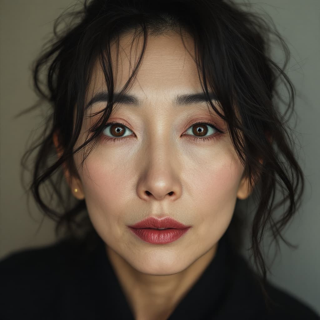 AI generated: Surrealism Simplicity of a beautiful mature fifty-year-old Japanese woman looking at me, showing her...