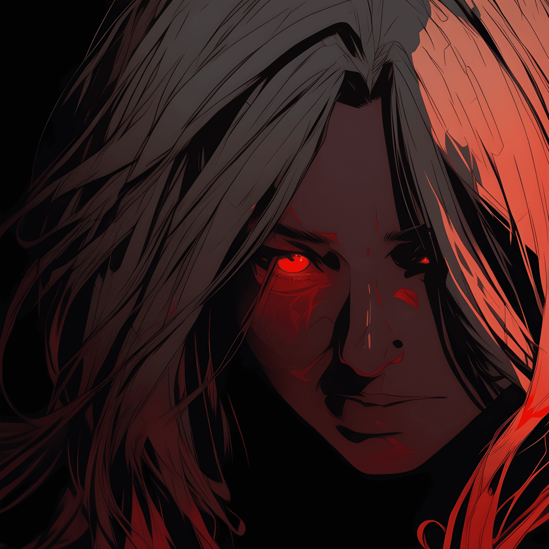 AI generated: a close up of a person with red eyes, an anime drawing, by Yoshihiko Wada, gothic art, blonde anime ...