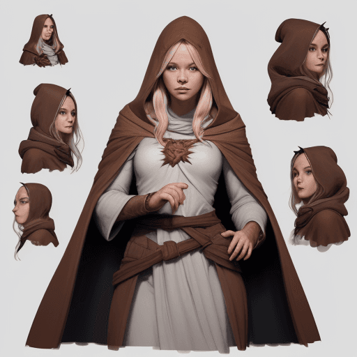 AI generated: Young beautiful Scandinavian sorceress wearing a brown robe with a hood over her head, head and body...
