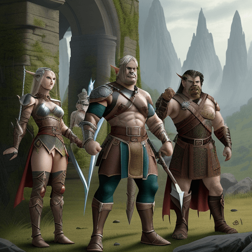 AI generated: Create a hyper-realistic image of four heros, a male human, a female elf, a male dwarf and a male or...