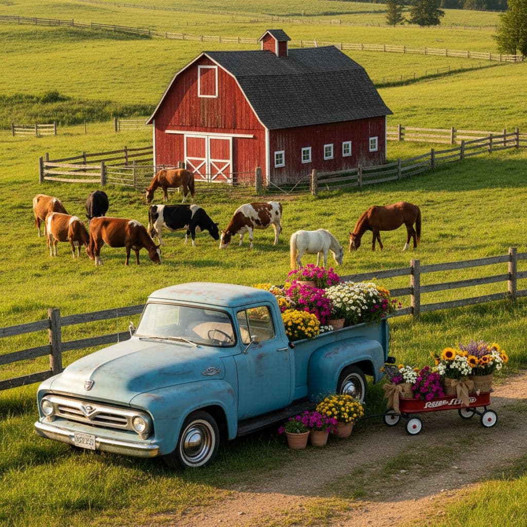 AI generated: A picturesque rural scene featuring a classic red barn with white trim, surrounded by a wooden fence...