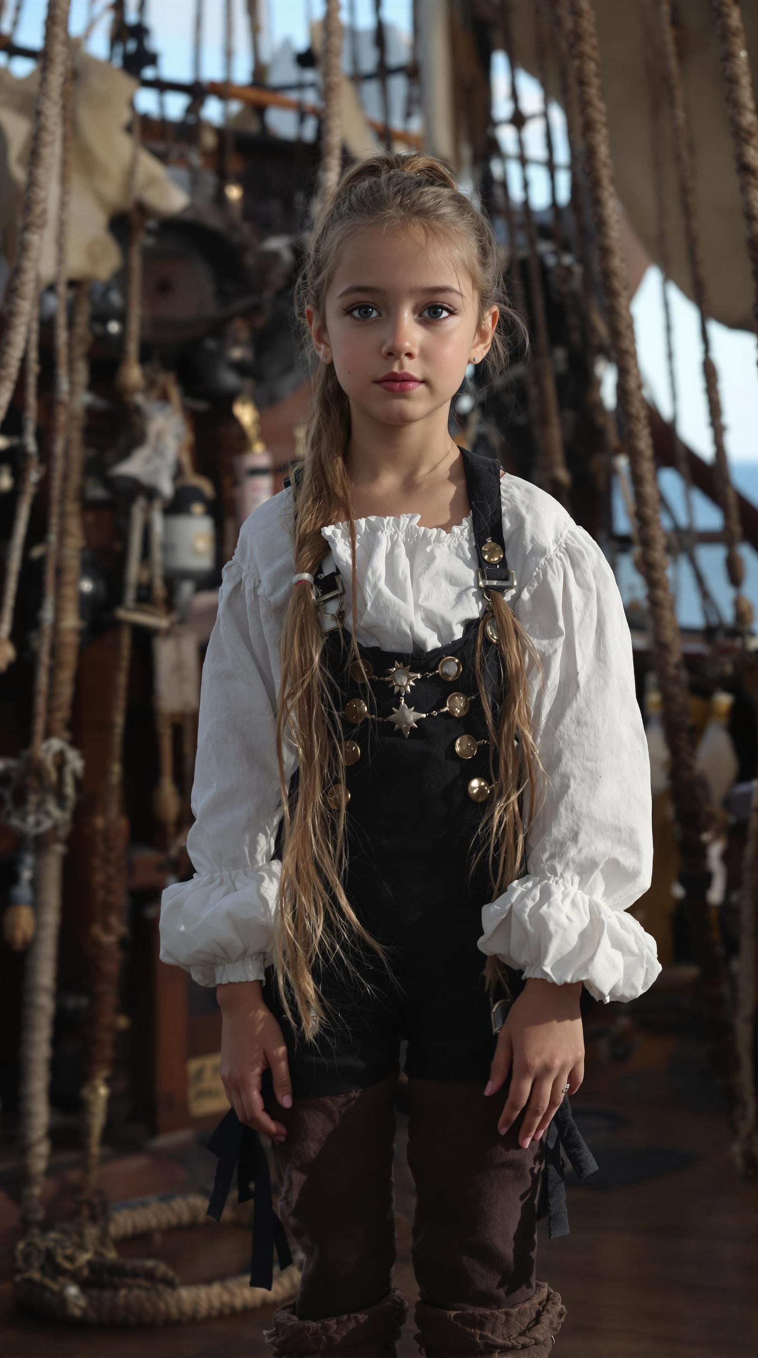 AI generated: a professional photo of a exceptionally beautiful girl aboard pirate ship at sea (age 7), (seven yea...