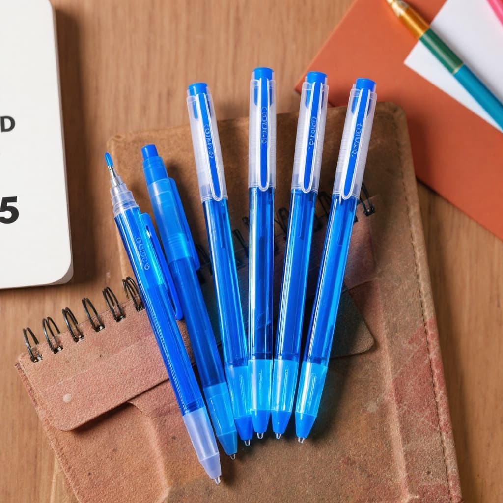 AI generated: draw ONLY blue gel pens 5pcs of office space brand with transparent body