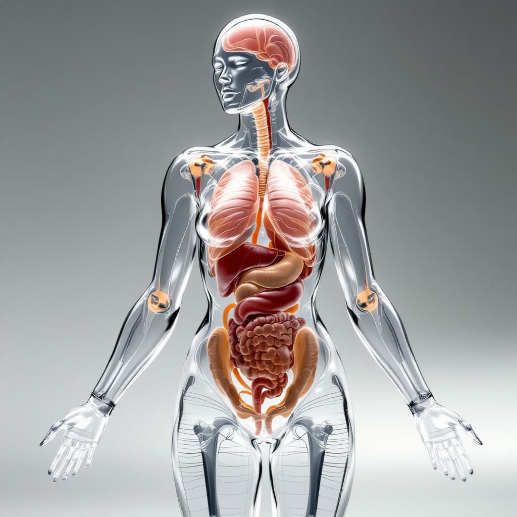 AI generated: Female made of pure glass with her internal organs also made of clear glass visible show from her he...