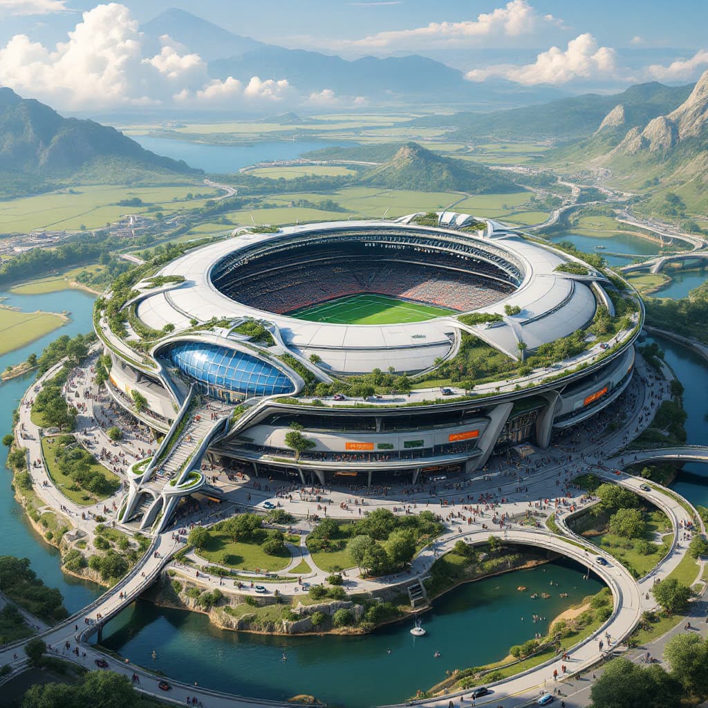 AI generated: A futuristic stadium in the style of Syd Mead and Katsuhiro Otomo, situated on an island surrounded ...