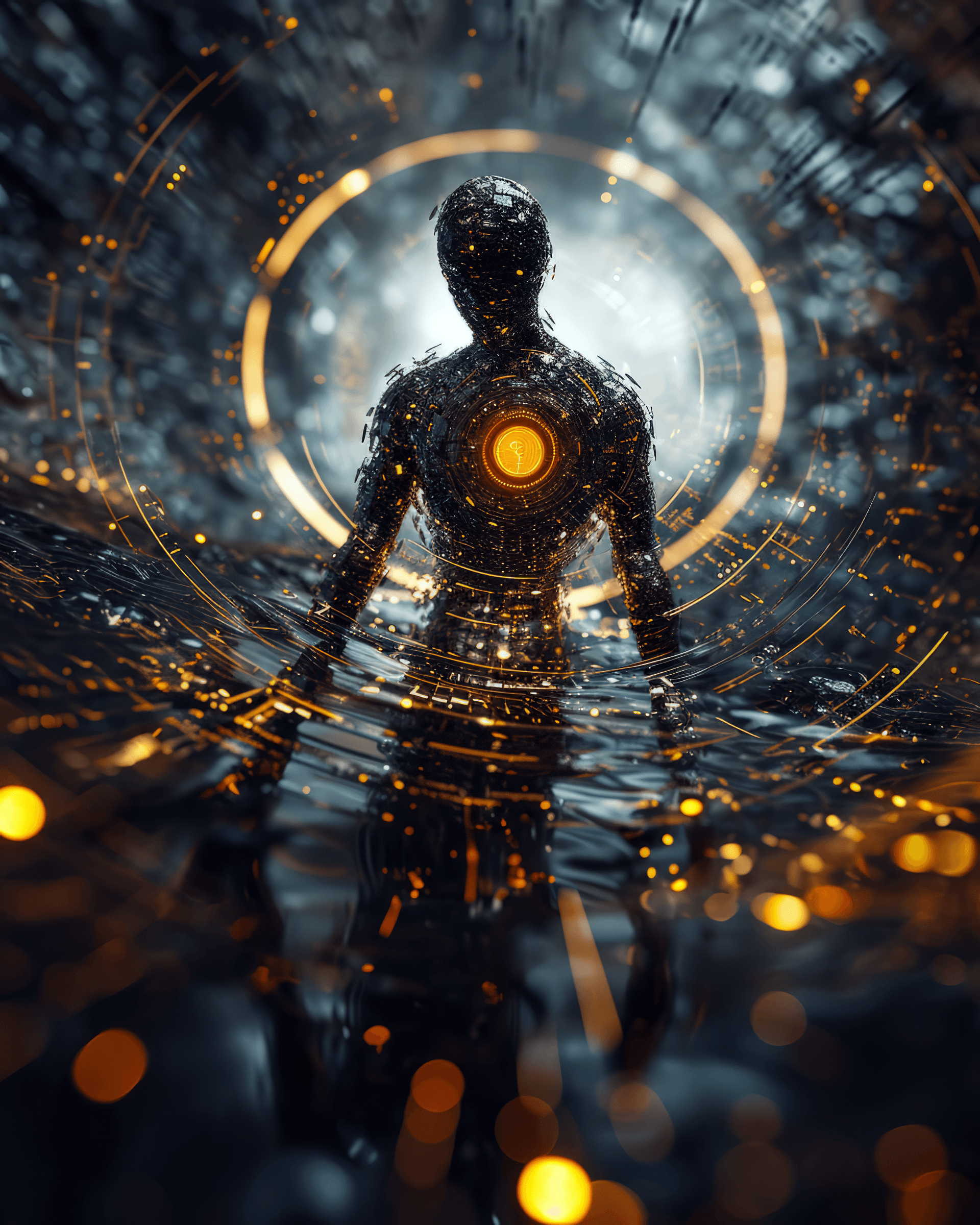 AI generated: close up photo, cinematic light epic shot action pose beautiful model with half computer code body a...