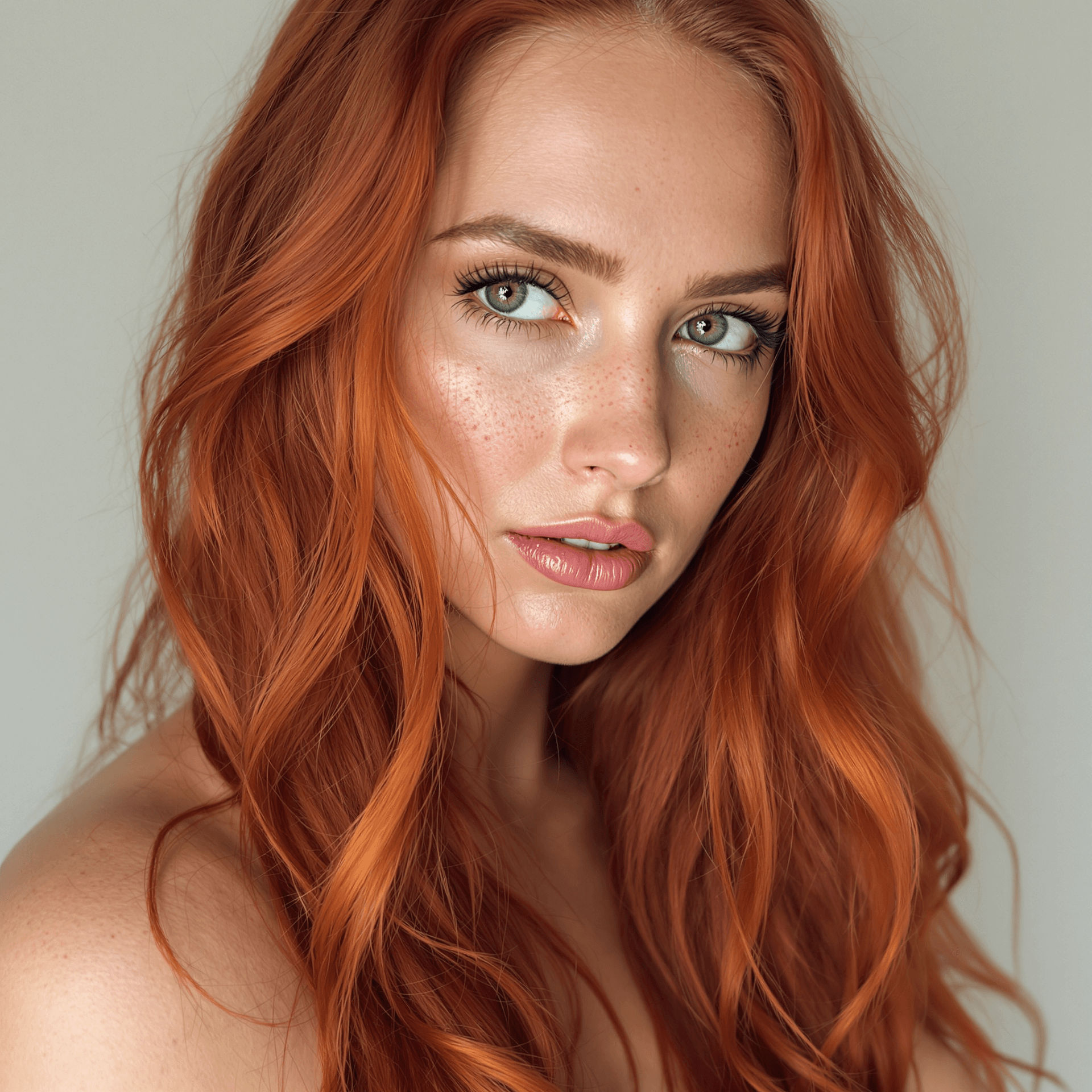 AI generated: Close-up portrait of a woman with green eyes, light freckles, and long wavy intense red dyed hair. S...
